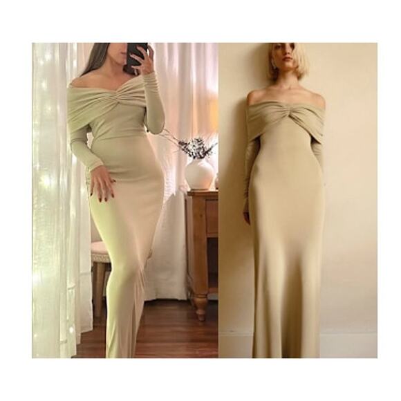 Helsa Dresses & Skirts - Helsa Maxi Dress Women Small Matte Jersey Off Green Elm Shoulder Long Gown New